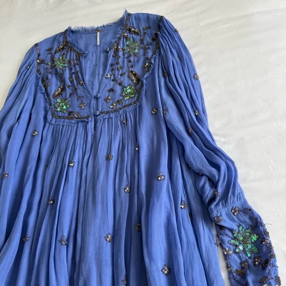 Free People Blue Bali Golden Sun Sequin Long Sleeve Dress - Picture 6 of 10